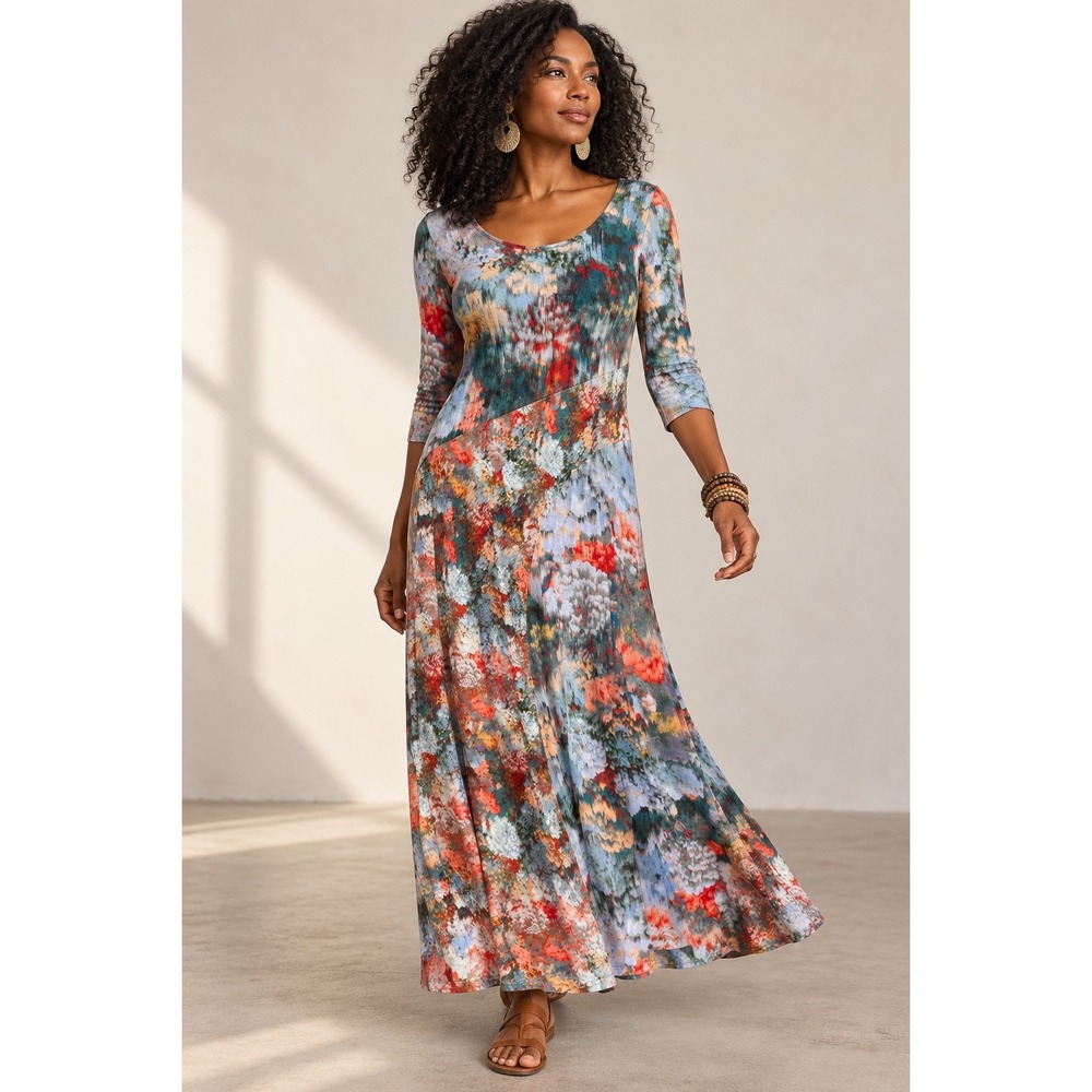 Soft Surroundings Abstract Floral Maxi Dress Blue Orange 3/4 Sleeve Medium